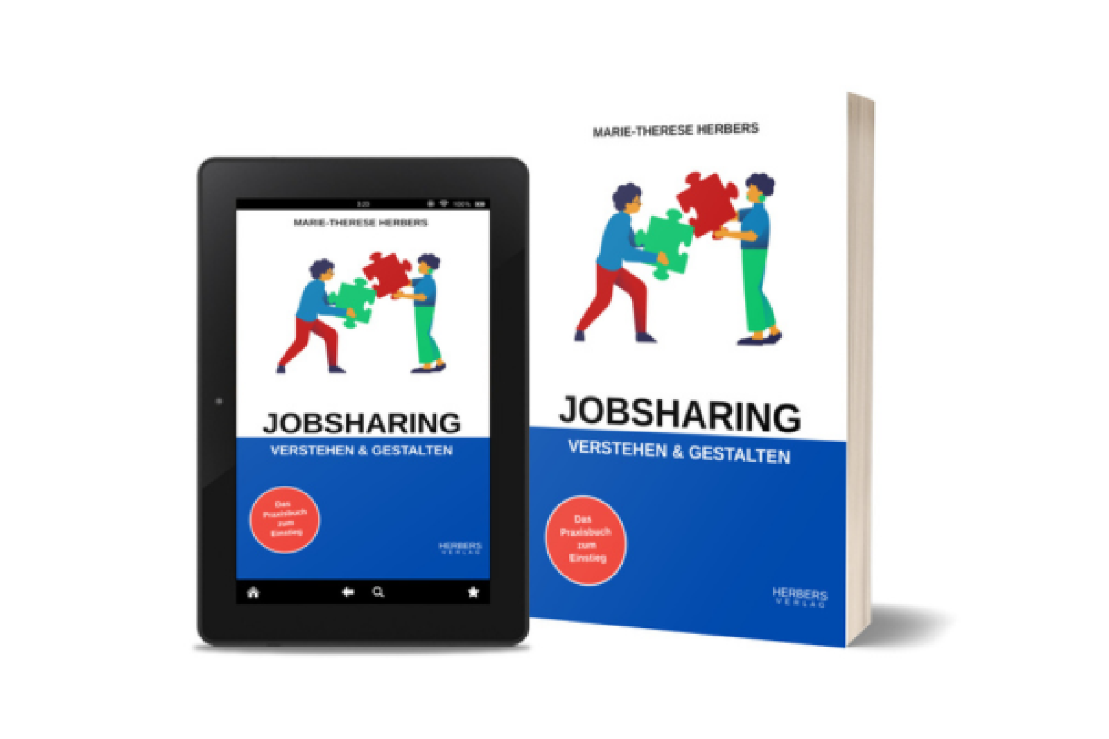 Book cover of “Jobsharing verstehen & gestalten” by Marie-Therese Herbers – the printed edition beside the e-book on a tablet